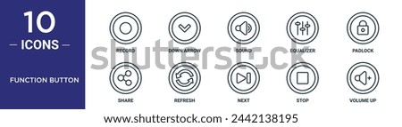 function button outline icon set includes thin line record, down arrow, sound, equalizer, padlock, share, refresh icons for report, presentation, diagram, web design