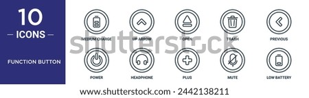 function button outline icon set includes thin line medium charge, up arrow, open, trash, previous, power, headphone icons for report, presentation, diagram, web design