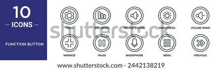 function button outline icon set includes thin line tings, bar graph, reduce volume, brightness, volume down, minimize, pause icons for report, presentation, diagram, web design