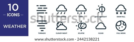 weather outline icon set includes thin line fog, heavy rain, rain, day and night, snow fall, tornado, cloudy night icons for report, presentation, diagram, web design