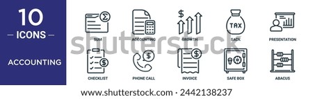 accounting outline icon set includes thin line sum, accounting, growth, sack, presentation, checklist, phone call icons for report, presentation, diagram, web design