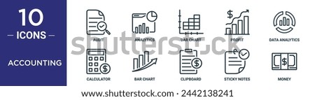 accounting outline icon set includes thin line audit, analytics, bar chart, profit, data analytics, calculator, bar chart icons for report, presentation, diagram, web design