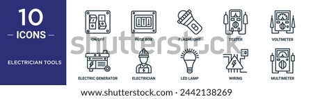 electrician tools outline icon set includes thin line on off, fuse box, flashlight, tester, voltmeter, electric generator, electrician icons for report, presentation, diagram, web design