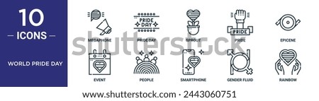 world pride day outline icon set includes thin line megaphone, pride day, sprout, pride, epicene, event, people icons for report, presentation, diagram, web design