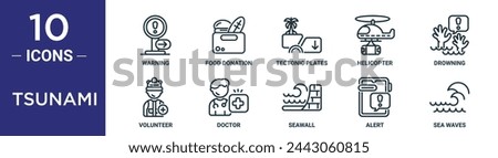 tsunami outline icon set includes thin line warning, food donation, tectonic plates, helicopter, drowning, volunteer, doctor icons for report, presentation, diagram, web design