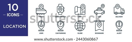 location outline icon set includes thin line train, smartwatch, map, taxi, delivery, user, car parking icons for report, presentation, diagram, web design