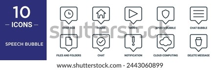 speech bubble outline icon set includes thin line chat box, house, movie, speech bubble, chat bubble, files and folders, chat icons for report, presentation, diagram, web design