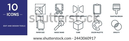 edit and design tools outline icon set includes thin line resize, video editor, mirror horizontally, paste, painting brush, paper size, magic wand icons for report, presentation, diagram, web design