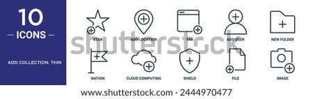 add collection. thin outline icon set includes thin line star, add location, tab, add user, new folder, nation, cloud computing icons for report, presentation, diagram, web design
