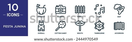 festa junina outline icon set includes thin line coconut, camera, fence, music, map, overall, cotton candy icons for report, presentation, diagram, web design
