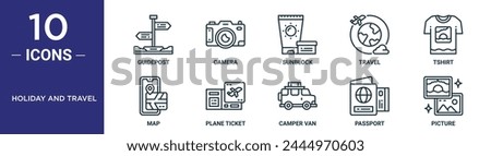 holiday and travel outline icon set includes thin line guidepost, camera, sunblock, travel, tshirt, map, plane ticket icons for report, presentation, diagram, web design