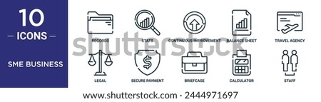 sme business outline icon set includes thin line records, stats, continuous improvement, balance sheet, travel agency, legal, secure payment icons for report, presentation, diagram, web design