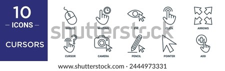 cursors outline icon set includes thin line mouse, waiting, eye, click, arrows, cursor, camera icons for report, presentation, diagram, web design
