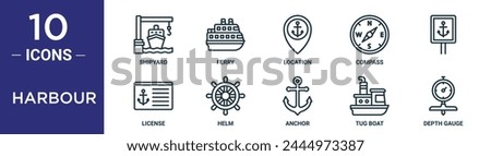 harbour outline icon set includes thin line shipyard, ferry, location, compass,  , license, helm icons for report, presentation, diagram, web design