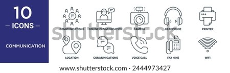 communication outline icon set includes thin line communications, online communication, camera, headphone, printer, location, communications icons for report, presentation, diagram, web design