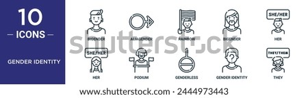 gender identity outline icon set includes thin line bigender, aliagender, rainbow, bigender, her, her, podium icons for report, presentation, diagram, web design