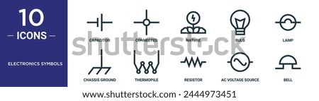 electronics symbols outline icon set includes thin line capacitor, connected, nature, bulb, lamp, chassis ground, thermopile icons for report, presentation, diagram, web design