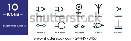 electronics symbols outline icon set includes thin line nand gate, and gate, co ax, antenna, inverter, switch on, microphone icons for report, presentation, diagram, web design