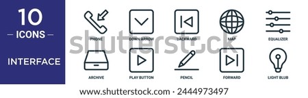 interface outline icon set includes thin line phone, down arrow, backward, map, equalizer, archive, play button icons for report, presentation, diagram, web design