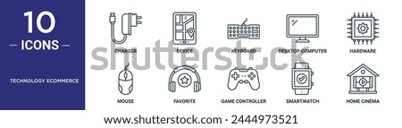 technology ecommerce outline icon set includes thin line charger, device, keyboard, desktop computer, hardware, mouse, favorite icons for report, presentation, diagram, web design