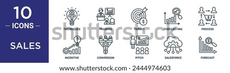 sales outline icon set includes thin line techniques, training, target, forecasting, process, incentive, conversion icons for report, presentation, diagram, web design