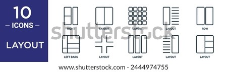 layout outline icon set includes thin line right, layout, layout, row, left bars, icons for report, presentation, diagram, web design
