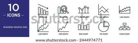 business graphs and outline icon set includes thin line decrease, analysis, line graph, line graph, graph, icons for report, presentation, diagram, web design