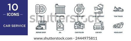 car service outline icon set includes thin line tyre, radiator, disc brake, car accident, tow truck, repair shop, oil icons for report, presentation, diagram, web design