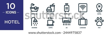 hotel outline icon set includes thin line bathtub, fast food, suitcase, wifi, hotel, shower, coffe icons for report, presentation, diagram, web design