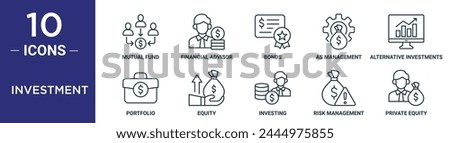 investment outline icon set includes thin line mutual fund, financial advisor, bonds, as management, alternative investments, portfolio, equity icons for report, presentation, diagram, web design