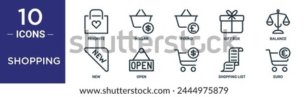 shopping outline icon set includes thin line favorite, dollar, pound, gift box, balance, new, open icons for report, presentation, diagram, web design