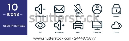 user interface outline icon set includes thin line volume down, letter, mute, user, unlock, eye, volume up icons for report, presentation, diagram, web design