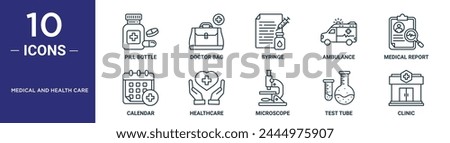 medical and health care outline icon set includes thin line pill bottle, doctor bag, syringe, ambulance, medical report, calendar, healthcare icons for report, presentation, diagram, web design