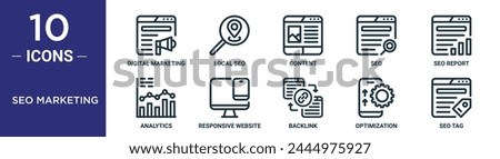 seo marketing outline icon set includes thin line digital marketing, local seo, content, seo, report, analytics, responsive website icons for report, presentation, diagram, web design