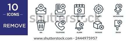 remove outline icon set includes thin line mail, remove, cancel event, target, microphone, bin, telephone icons for report, presentation, diagram, web design