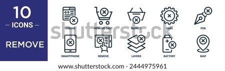 remove outline icon set includes thin line coding, remove cart, basket, gear, pen, smartphone, remove icons for report, presentation, diagram, web design