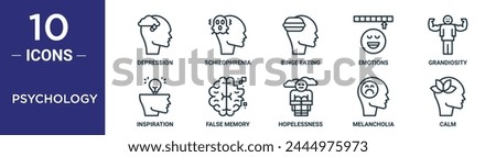 psychology outline icon set includes thin line depression, schizophrenia, binge eating, emotions, grandiosity, inspiration, false memory icons for report, presentation, diagram, web design