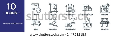shipping and delivery outline icon set includes thin line import, trolley, warehouse, delivery truck, company, lorry, inspection icons for report, presentation, diagram, web design
