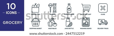 grocery outline icon set includes thin line grocery bag, snacks, tomato sauce, shopping cart, close, shopping basket, vegetables icons for report, presentation, diagram, web design
