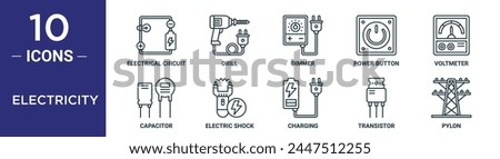 electricity outline icon set includes thin line electrical circuit, drill, dimmer, power button, voltmeter, capacitor, electric shock icons for report, presentation, diagram, web design