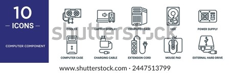 computer component outline icon set includes thin line cooler, laptop display, computer case, hdd, power supply, computer case, charging cable icons for report, presentation, diagram, web design