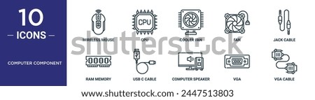 computer component outline icon set includes thin line wireless mouse, cpu, cooler fan, fan, jack cable, ram memory, usb c cable icons for report, presentation, diagram, web design