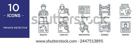 private detective outline icon set includes thin line inmate, suspect, id card, police line, confidential, bullets, case file icons for report, presentation, diagram, web design