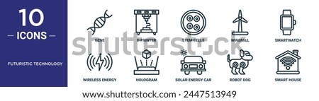 futuristic technology outline icon set includes thin line gene, d printer, stem cells, windmill, smartwatch, wireless energy, hologram icons for report, presentation, diagram, web design