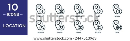 location outline icon set includes thin line energy, coffee, padlock, play, money, search, shield icons for report, presentation, diagram, web design