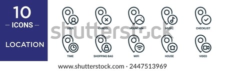 location outline icon set includes thin line user, cancel, mountain, music, checklist, time, shopping bag icons for report, presentation, diagram, web design