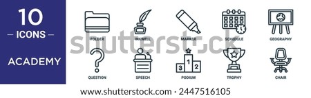 academy outline icon set includes thin line folder, inkwell, marker, schedule, geography, question, speech icons for report, presentation, diagram, web design