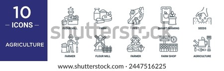 agriculture outline icon set includes thin line flour mill, farm, pest, smart farming, seeds, farmer, flour mill icons for report, presentation, diagram, web design