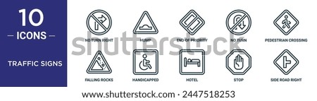 traffic signs outline icon set includes thin line no turn right, hump, end of priority, no turn, pedestrian crossing, falling rocks, handicapped icons for report, presentation, diagram, web design