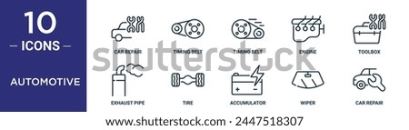 automotive outline icon set includes thin line car repair, timing belt, timing belt, engine, toolbox, exhaust pipe, tire icons for report, presentation, diagram, web design